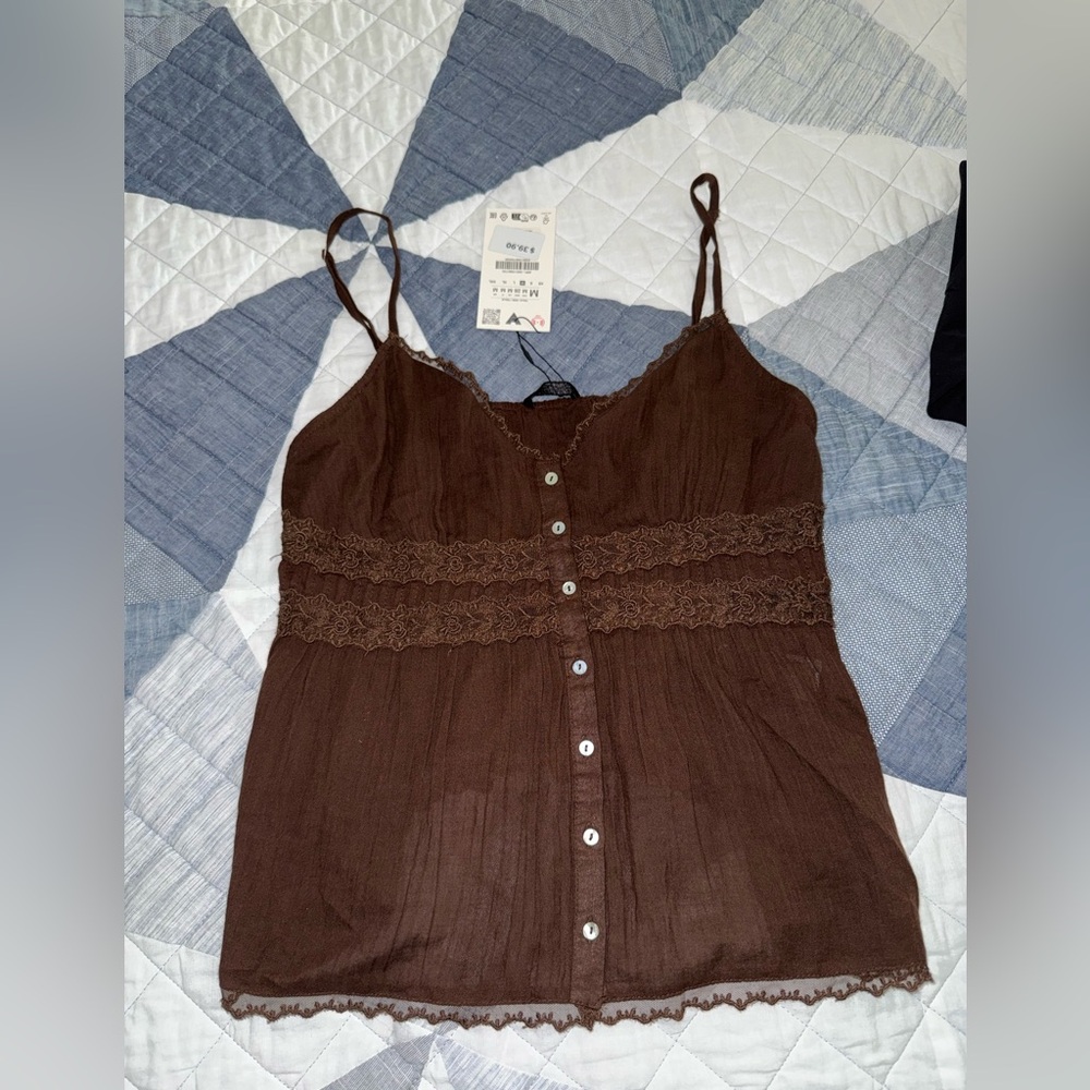 Zara Chocolate Button-Front Camisole with Lace